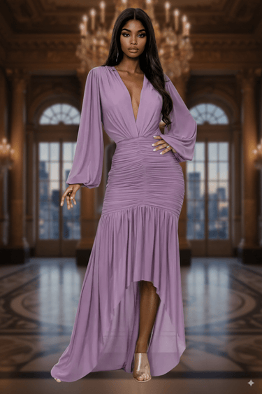 Ethereal Allure Ruched High - Low Gown - Dusty Wineberry - Palazzo Couture Online