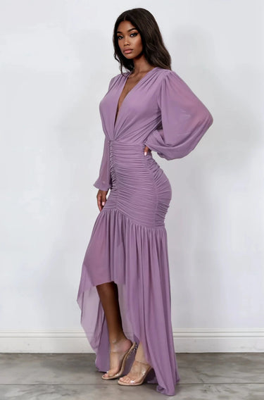 Women's Dusty Wineberry maxi dress ruched style back view