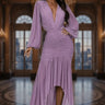 Ethereal Allure Ruched High-Low Gown - Dusty Wineberry front view showing full-length maxi silhouette