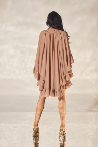 Ethereal Bloom Ruffle Dress - Brown - Palazzo Couture Online