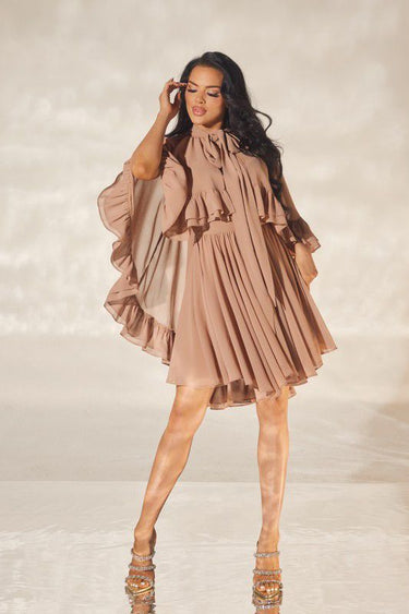 Ethereal Bloom Ruffle Dress - Brown - Palazzo Couture Online