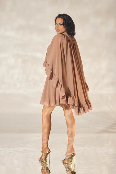 Women's Brown mini dress ruffle style back view