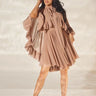 Ethereal Bloom Ruffle Dress - Brown front view showing mini dress silhouette