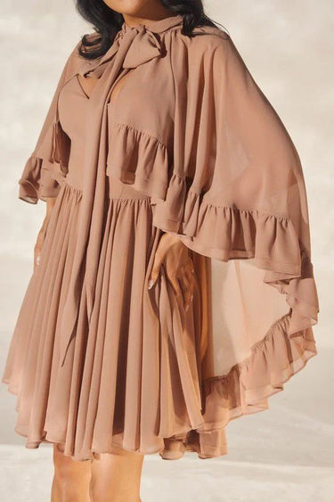 Ethereal Bloom Ruffle Dress - Brown side view highlighting short hemline