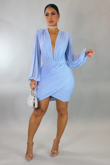 Ethereal Elegance Long Sleeve Mini Dress (Baby Blue) - Palazzo Couture Online