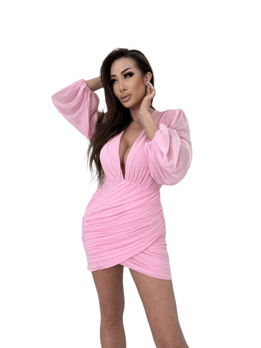 Ethereal Elegance Long Sleeve Mini Dress (Baby Pink) - Palazzo Couture Online