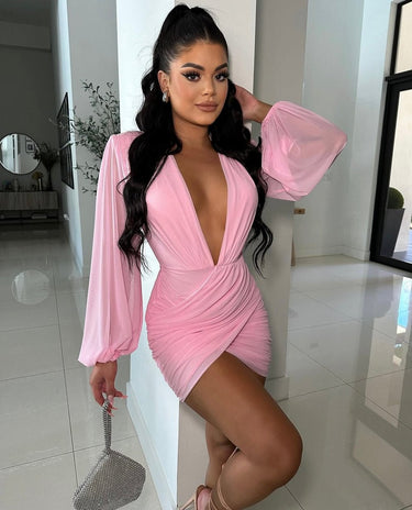 Ethereal Elegance Long Sleeve Mini Dress (Baby Pink) - Palazzo Couture Online