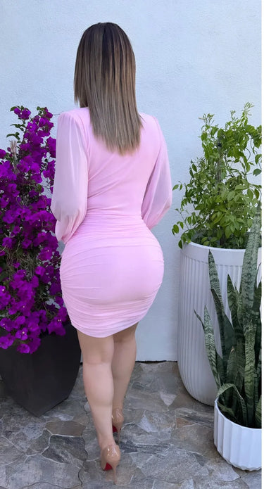 Ethereal Elegance Long Sleeve Mini Dress (Baby Pink) showing dress construction and fit details