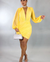Ethereal Elegance Long Sleeve Mini Dress- Yellow front view showing mini dress silhouette