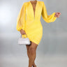 Ethereal Elegance Long Sleeve Mini Dress- Yellow front view showing mini dress silhouette