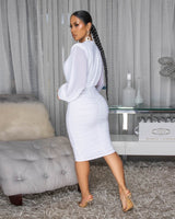 Ethereal Elegance Ruched Mesh Midi Dress (White) - Palazzo Couture Online