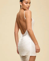 Ethereal Fringe Sculpted Mini Dress – White close up detail of fringe design