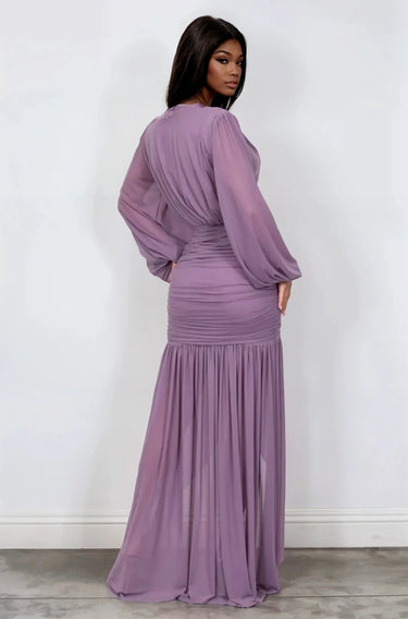 Ethereal Grace Maxi Gown - Dusty Wineberry close up detail of elegant design and fabric