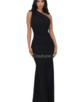 Ethereal Grace Ruched Mesh Asymmetric Maxi Dress (Black) - Palazzo Couture Online