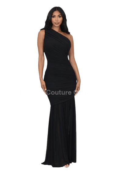 Ethereal Grace Ruched Mesh Asymmetric Maxi Dress (Black) - Palazzo Couture Online