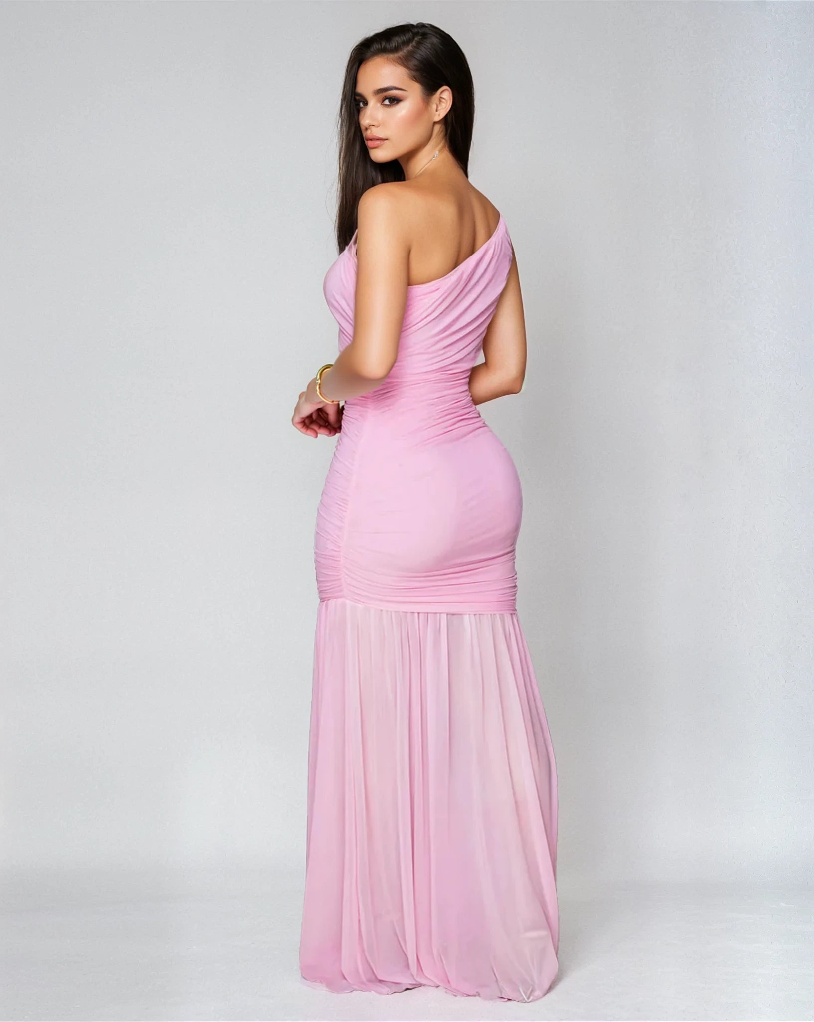Ethereal Grace Ruched Mesh Asymmetric Maxi Dress - Pink - Palazzo Couture Online