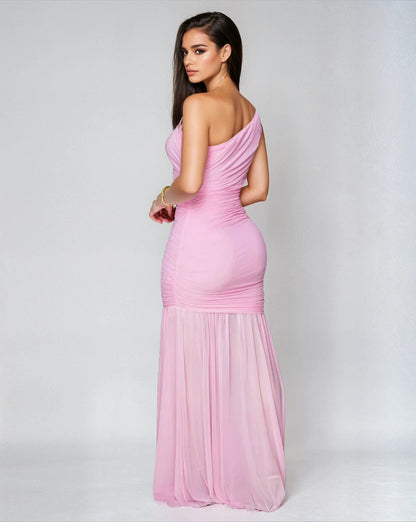 Ethereal Grace Ruched Mesh Asymmetric Maxi Dress - Pink - Palazzo Couture Online