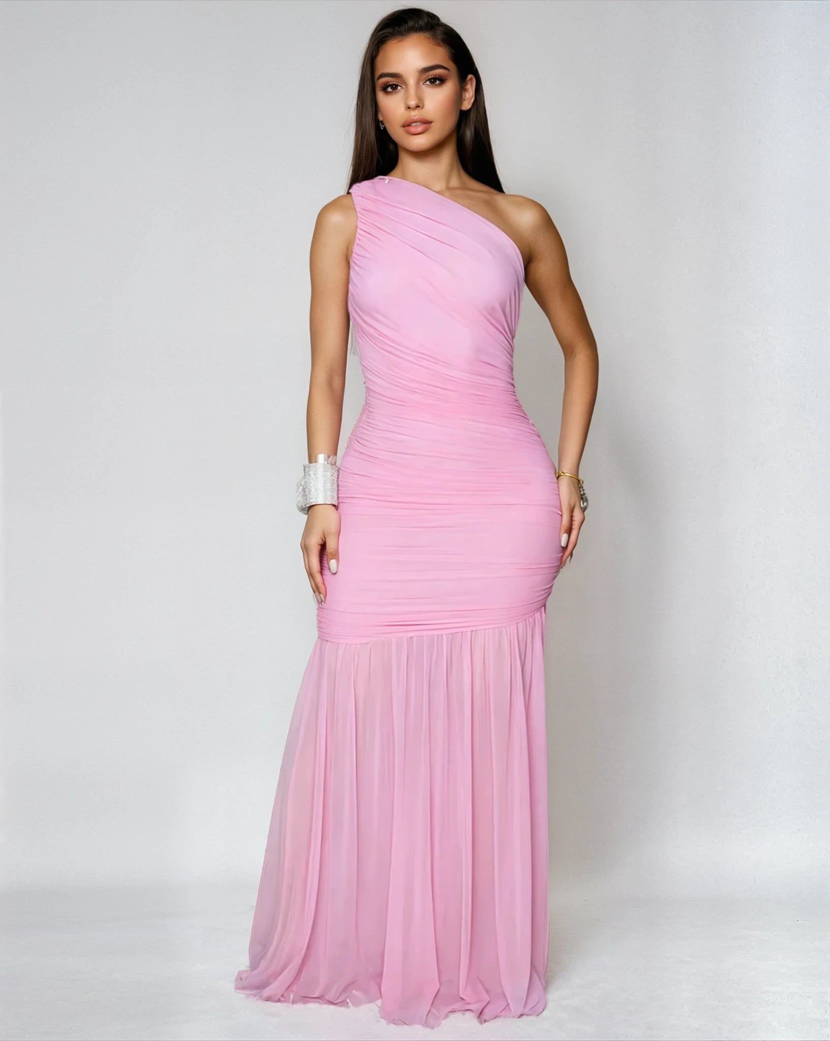 Ethereal Grace Ruched Mesh Asymmetric Maxi Dress - Pink - Palazzo Couture Online