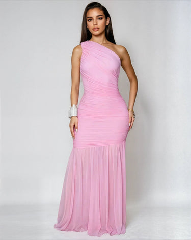 Ethereal Grace Ruched Mesh Asymmetric Maxi Dress - Pink - Palazzo Couture Online
