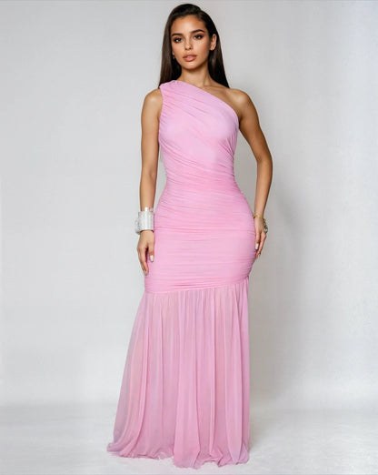 Ethereal Grace Ruched Mesh Asymmetric Maxi Dress - Pink - Palazzo Couture Online