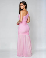 Ethereal Grace Ruched Mesh Asymmetric Maxi Dress -  Pink close up detail of ruched design and fabric