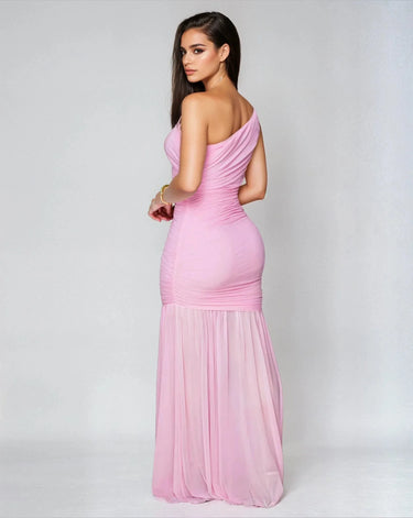 Ethereal Grace Ruched Mesh Asymmetric Maxi Dress -  Pink close up detail of ruched design and fabric
