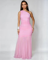 Ethereal Grace Ruched Mesh Asymmetric Maxi Dress -  Pink front view showing full-length maxi silhouette