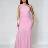 Ethereal Grace Ruched Mesh Asymmetric Maxi Dress -  Pink front view showing full-length maxi silhouette