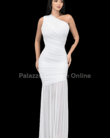 Ethereal Grace Ruched Mesh Asymmetric Maxi Dress( White) - Palazzo Couture Online