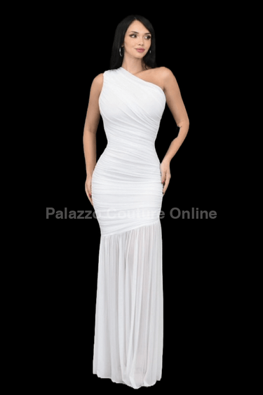 Ethereal Grace Ruched Mesh Asymmetric Maxi Dress( White) - Palazzo Couture Online