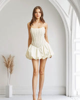 Ethereal Lace Corset Bubble Mini Dress - Pearl - Palazzo Couture Online