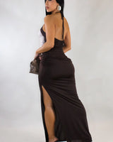 Ethereal Muse Maxi Dress - Brown close up detail of elegant design and fabric