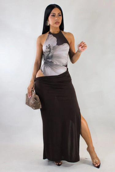 Ethereal Muse Maxi Dress - Brown front view showing full-length maxi silhouette
