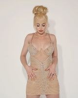 Evita Rhinestone Fishnet Bodycon  Mini Dress (Nude) side view highlighting short hemline