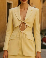 Executive Chic Cut - Out Blazer & Mini Skirt Set - Yellow - Palazzo Couture Online
