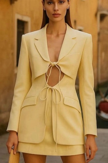 Executive Chic Cut - Out Blazer & Mini Skirt Set - Yellow - Palazzo Couture Online