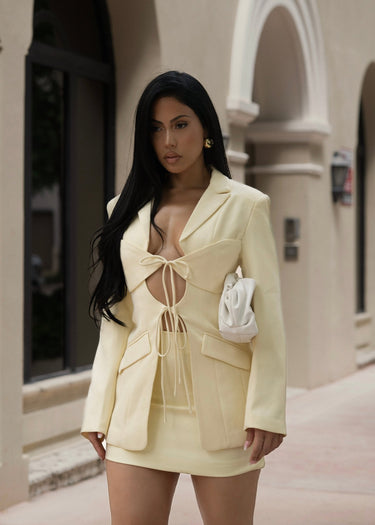 Executive Chic Cut - Out Blazer & Mini Skirt Set - Yellow - Palazzo Couture Online