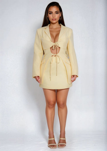 Executive Chic Cut - Out Blazer & Mini Skirt Set - Yellow - Palazzo Couture Online