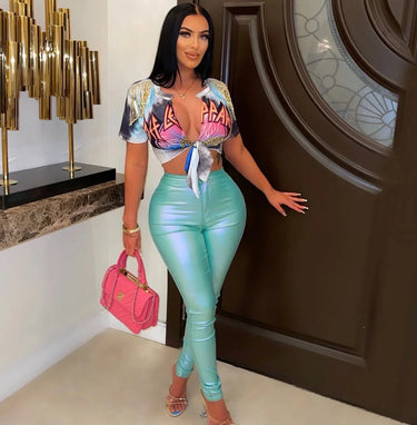 Expensive Views Mint Metallic Pants with Stretch Fit close up of stylish fabric and construction detail