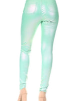 Expensive Views Mint Metallic Pants with Stretch Fit side view showing pants leg shape and fit