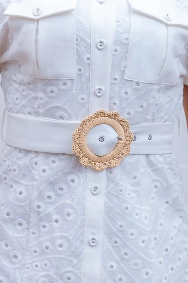 Eyelet Belted Mini Dress - Chic & Stylish Look side view highlighting short hemline