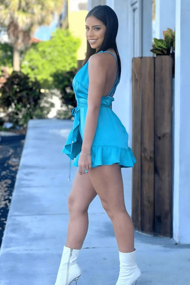 Fade Into You Turquoise Romper with Ruffle Hem and Wrap Design - women's going out romper