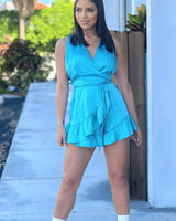Fade Into You Turquoise Romper with Ruffle Hem and Wrap Design for women - romper by Palazzo Couture