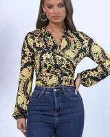 Fashion Print Wrap Printed Crop Top with Long Sleeves - trendy women's top