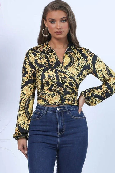 Fashion Print Wrap Printed Crop Top with Long Sleeves - trendy women's top