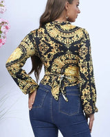 Fashion Print Wrap Printed Crop Top with Long Sleeves - stylish going out crop top