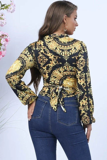 Fashion Print Wrap Printed Crop Top with Long Sleeves - stylish going out crop top