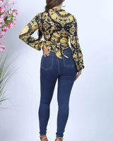 Fashion Print Wrap Printed Crop Top with Long Sleeves - chic crop top by Palazzo Couture