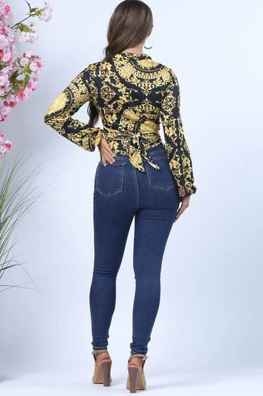 Fashion Print Wrap Printed Crop Top with Long Sleeves - chic crop top by Palazzo Couture