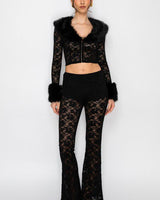 Faux Fur Trim Lace Shirt & Pants Set - Black - Palazzo Couture Online